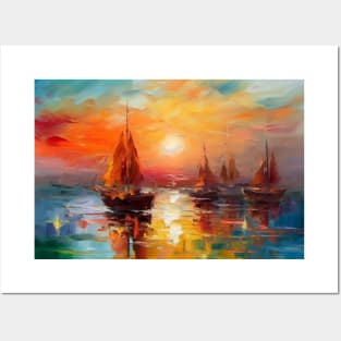 Seascape with a sailboats at sunset. Posters and Art